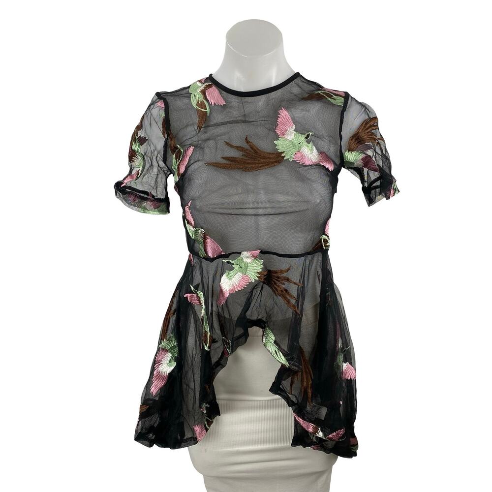 Endless Rose Womens Bird Embroidery Sheer Mesh Short Sleeve Peplum Blouse Top XS